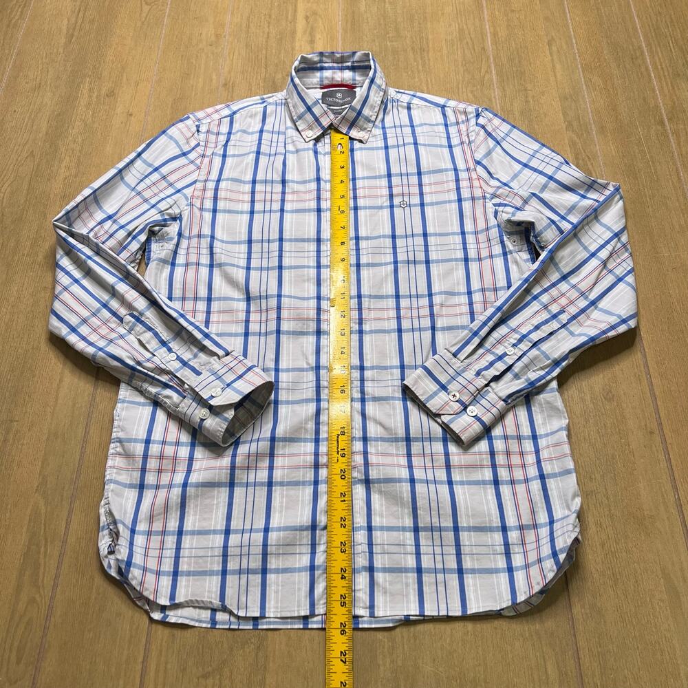 Victorinox Button Down Shirt‎ Men’s Medium Slim Fit Plaid White Blue Long Sleeve - Picture 4 of 10